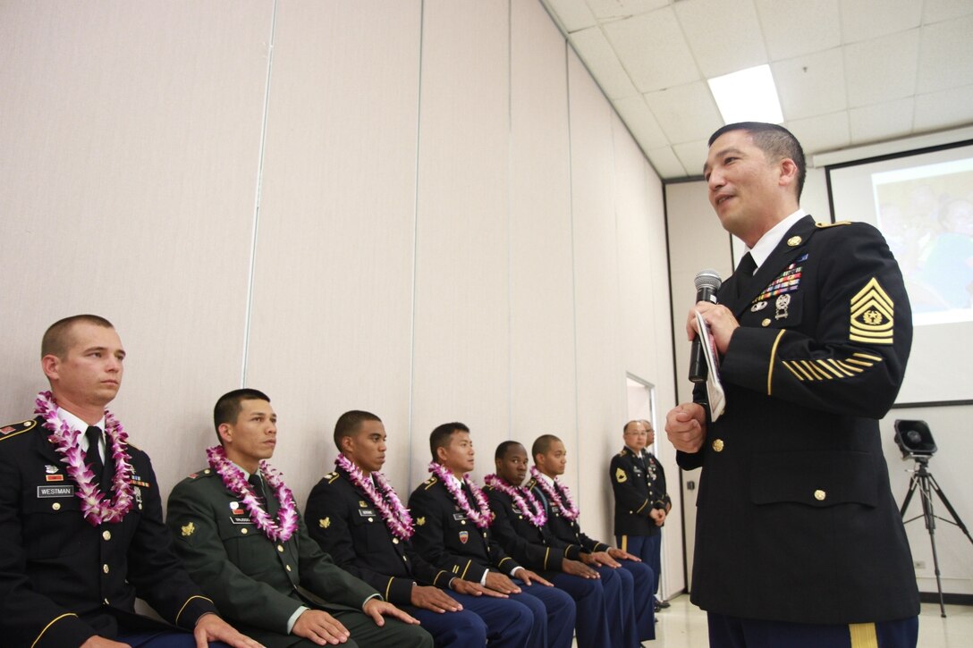 U.S. Army Command Sgt. Maj. David Yamamoto, senior enlisted adviser for the 9th Mission Support Command, speaks to Soldiers at the Pacific Army Reserve best warrior competition ceremony, held at Fort Shafter, Hawaii, May 23, 2013.  (U.S. Army photo by Spc. David Harthcock/Released)