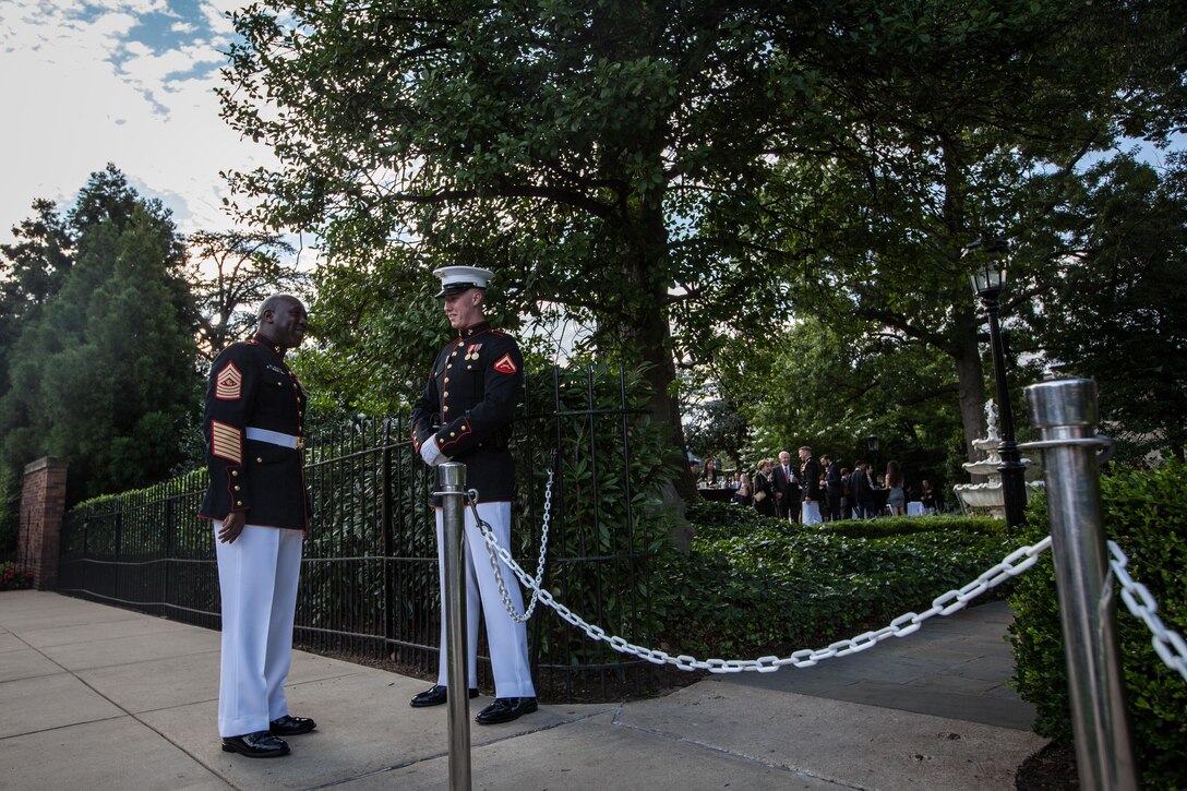 The Sergeant Major of the Marine Corps, Ronald L. Green, speaks with a Marine during an Evening Parade reception at the Home of the Commandants, Washington D.C., July 10, 2015. (U.S. Marine Corps photo by Sgt. Melissa Marnell/Released)