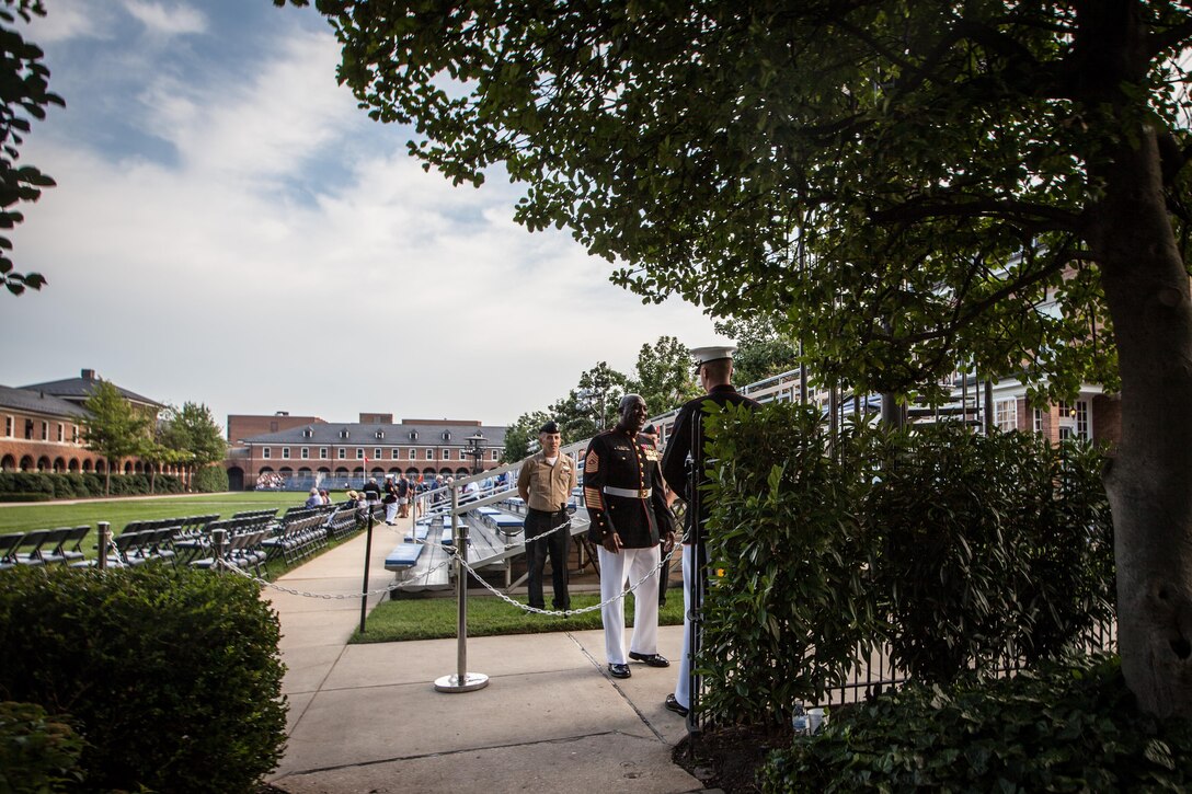 The Sergeant Major of the Marine Corps, Ronald L. Green, speaks with a Marine during an Evening Parade reception at the Home of the Commandants, Washington D.C., July 10, 2015. Gen. Joseph Dunford Jr., commandant of the Marine Corps, was the hosting official for the July 10 Evening Parade, and the Guests of Honor were eight congressional Marines, to include Sen. Charles Roberts, Sen. Daniel Sullivan, Rep. John Kline, Rep. Michael Coffman, Rep. Scott Rigell, Rep. Paul Cook, Rep. Mike Bost, and Rep. Ruben Gallego. (U.S. Marine Corps photo by Sgt. Melissa Marnell/Released)