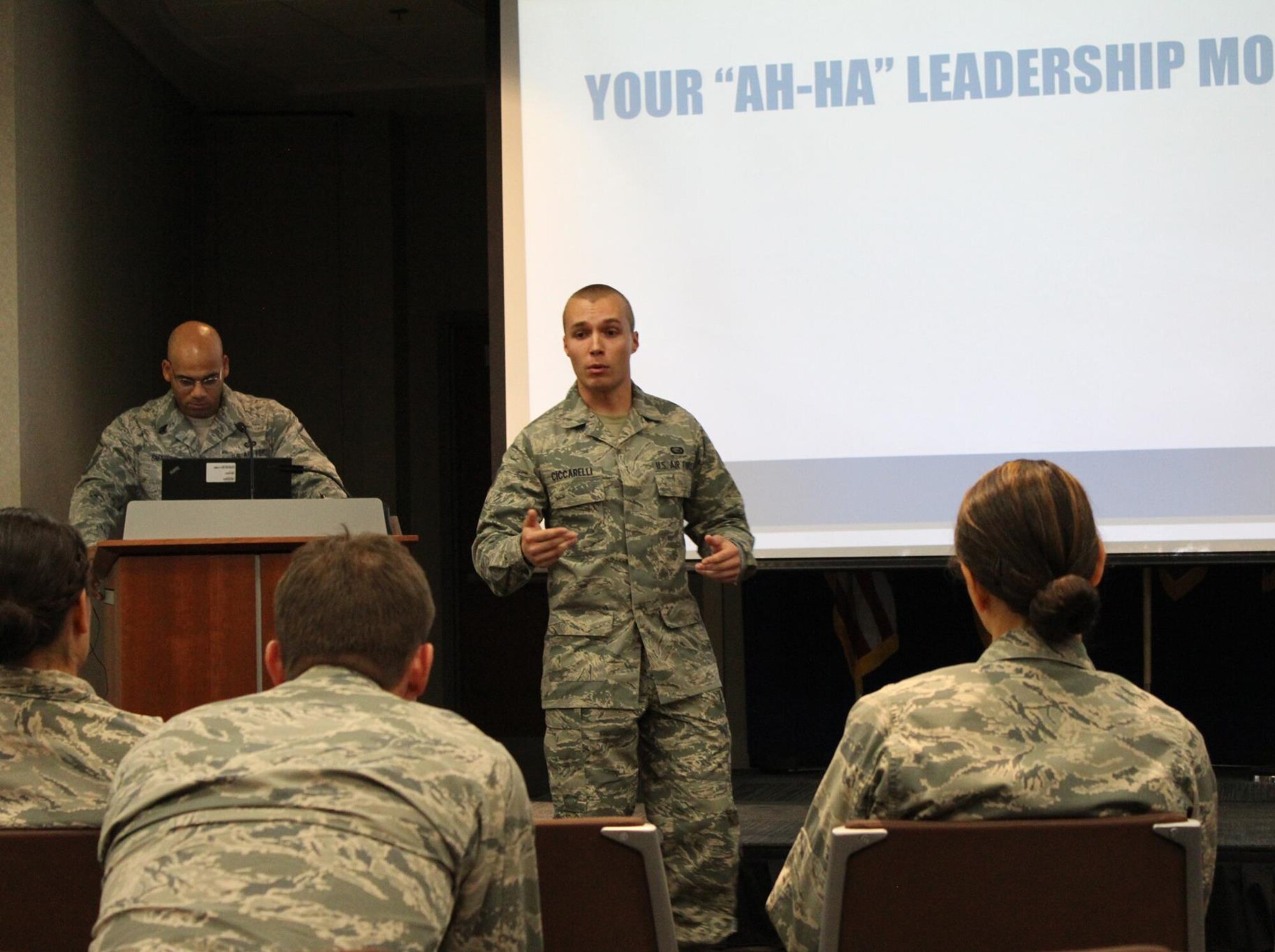 Staff Sgt. Mitchell Ciccarelli, Air Reserve Personnel Center casualty services technician, addresses the audience July 16, 2015, during ARPC’s July Leadership Seminar on Buckley Air Force Base, Colo. Ciccarelli discussed his topic “Inspirational Leadership.” The purpose of these seminars is to share views on leadership in a university-type setting from all levels of leaders; not just senior leaders. Leadership seminars are held monthly and are open to all ARPC personnel. (U.S. Air Force photo/Tech. Sgt. Rob Hazelett) 