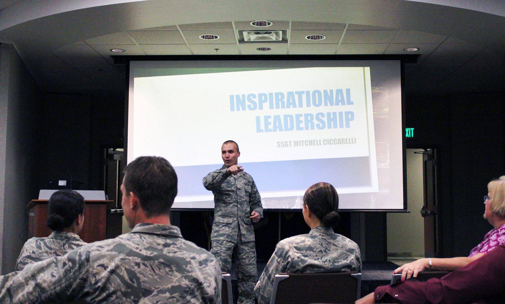 Staff Sgt. Mitchell Ciccarelli, Air Reserve Personnel Center casualty services technician, addresses the audience July 16, 2015, during ARPC’s July Leadership Seminar on Buckley Air Force Base, Colo. Ciccarelli discussed his topic “Inspirational Leadership.” The purpose of these seminars is to share views on leadership in a university-type setting from all levels of leaders; not just senior leaders. Leadership seminars are held monthly and are open to all ARPC personnel. (U.S. Air Force photo/Tech. Sgt. Rob Hazelett)