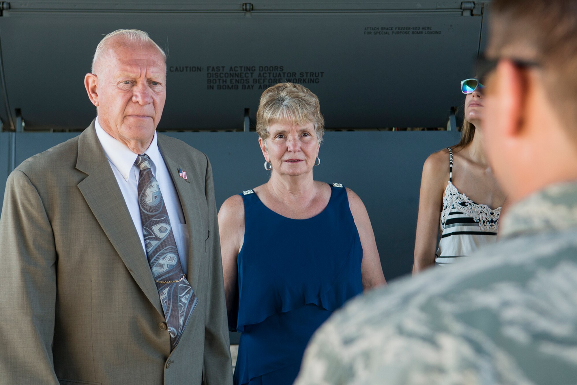 Leo and Anna Kamphaus listen as U.S. Air Force Staff Sgt. Keith Hester, 307th Aircraft Maintenance Squadron crew chief, gives a tour of a 307th Bomb Wing B-52H Stratofortress on July 12, 2015, Barksdale Air Force Base, La. The Kamphaus's received the tour prior to attending a ceremony where their son, U.S. Air Force Lt. Col. Leo Kamphaus Jr., assumed command of the 307th Maintenance Group. (U.S. Air Force photo by Master Sgt. Greg Steele/Released)
