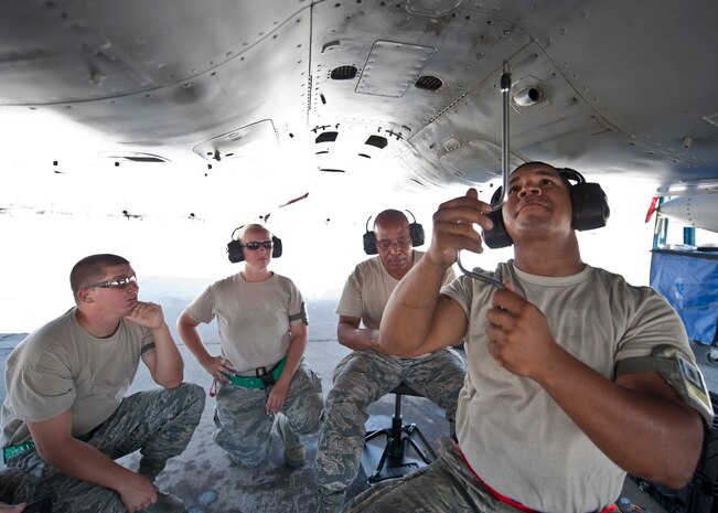 Maintainers assigned to the 159th Maintenance Squadron, Louisiana Air National Guard, work on the undercarriage of an F-15 Eagle during Red Flag 15-3 at Nellis Air Force Base, Nev., July 14, 2015. The U.S. Air Force’s premier exercise provides aircrews and ground crews the opportunity to experience realistic, stressful combat situations in a controlled environment to increase their combat readiness and effectiveness. (U.S. Air Force photo by Staff Sgt. Siuta B. Ika)