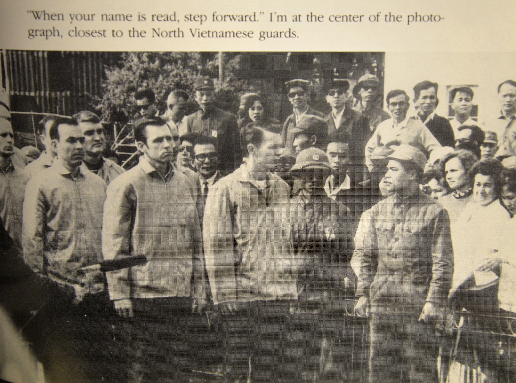 Prisoners of war await their release in January 1973, at the end of the Vietnam War. Spike Nasmyth (center), then a second lieutenant and an F-4 Phantom II pilot, was shot down by a Vietnamese surface-to-air missile Sept. 4, 1966. He was kept prisoner for 2,355 days. Nasmyth visited Royal Air Force Mildenhall, England, July 8, 2015, and shared his story with RAF Mildenhall Airmen. (Courtesy photo)