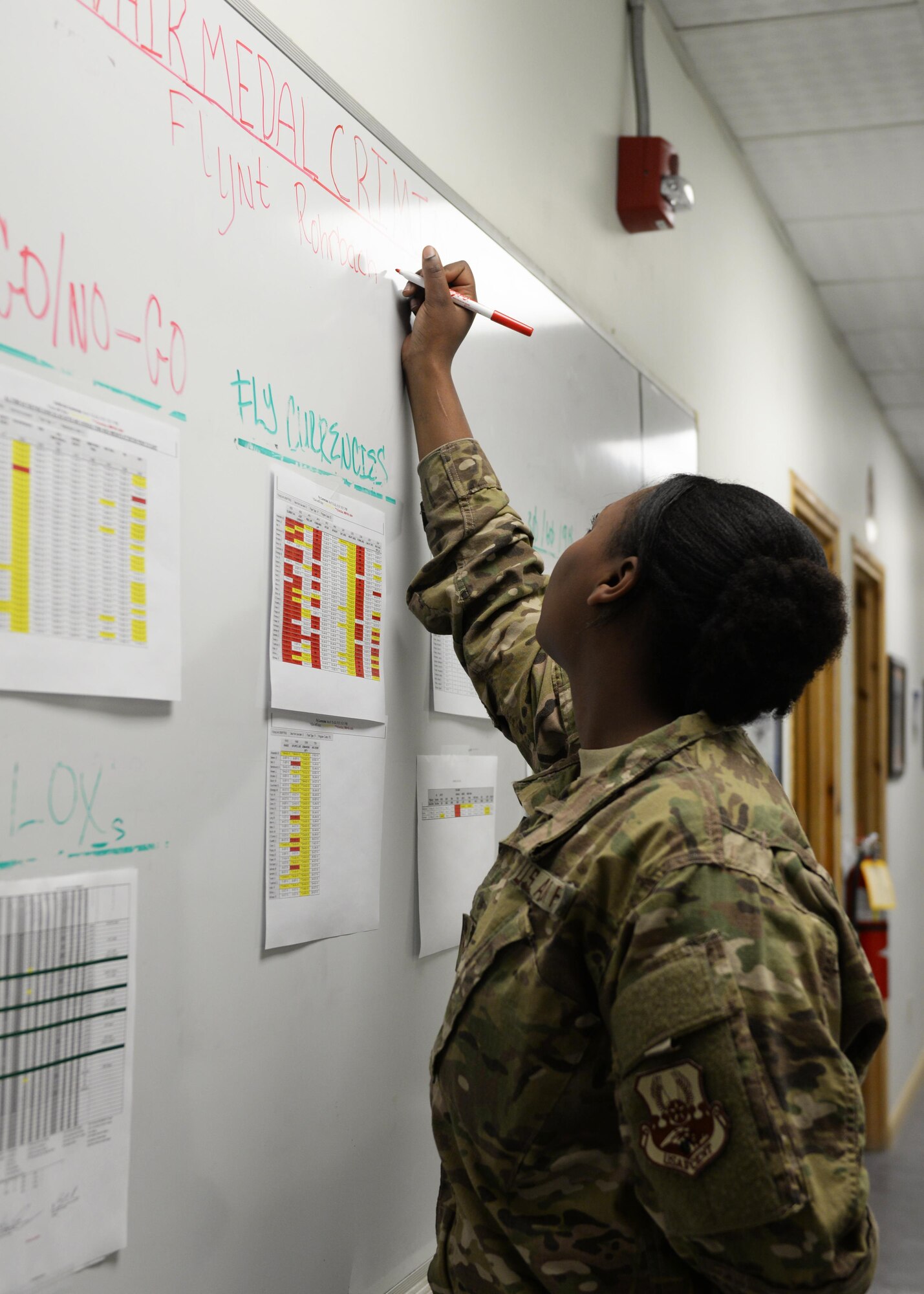 U.S. Air Force Airman 1st Class Bryana Brown, 555th Expeditionary Fighter Squadron aviation resource manager, documents flight hours July 15, 2015, at Bagram Airfield, Afghanistan. Brown is a member of the Squadron Aviation Resource Management team which is responsible for managing F-16 pilots flying currencies as well as maintaining communication between the pilots and the operations and maintenance squadrons. (U.S. Air Force photo by Senior Airman Cierra Presentado/Released)