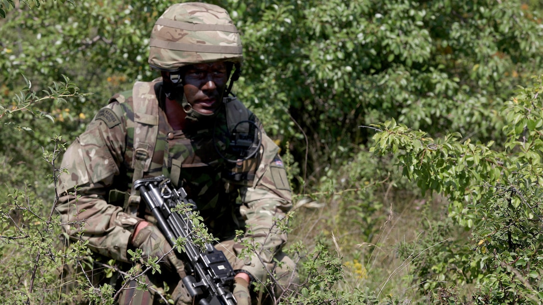 A United Kingdom Royal Marine commando moves across the platoon live-fire range during the final exercise of Platinum Lion 15-3. The two-week training exercise is designed to strengthen the partnership between NATO nations and share knowledge to improve military skill sets. The culminating final event consisted of cordon and search operations, intelligence gathering and live-fire maneuver training. The U.K. Marine is with 40 Commando, 3 Commando Brigade.