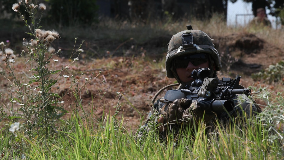 U.S. Marine Corps Lance Cpl. Anthony Teierle provides security during the final exercise of Platinum Lion 15-3. The two-week training exercise is designed to strengthen the partnership between NATO nations and share knowledge to improve military skill sets. The culminating final event consisted of cordon and search operations, intelligence gathering and live-fire maneuver training. Teierle is an infantryman with Golf Company, 2nd Battalion, 8th Marine Regiment, Black Sea Rotational Force.