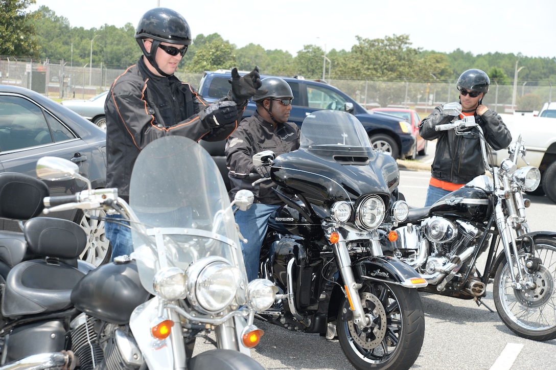 Some active-duty Marines, at Marine Corps Logistics Base Albany, gear up for Level-3 Motorcycle Training as part of a safety education requirement for riders aboard military installations. The training, which was conducted here, July 15, was a one-day course to help motorcyclist become more comfortable and focused when maneuvering various road conditions safely.