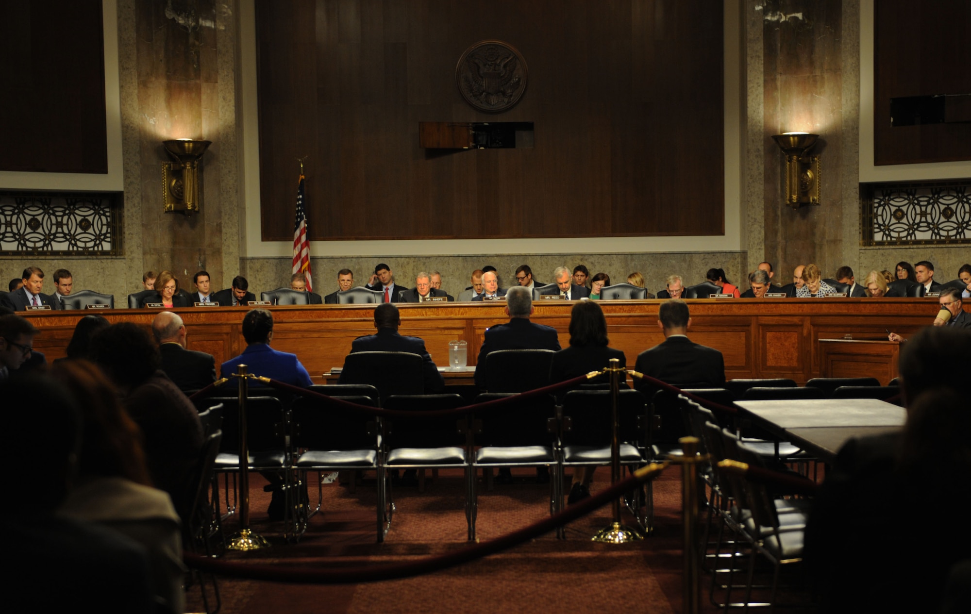 Gen. Paul J. Selva, the nominee for vice chairman for the Joint Chiefs of Staff, and Gen. Darren W. McDew, the nominee for U.S. Transportation Command commander, sit before Congress to testify for their future positions during their nomination hearing July 14, 2015. During the course of the hearing, the generals testified of threats to the U.S. Issues such as suicide, readiness, sequestration and mental health were also brought up during the hearing. (U.S. Air Force photo/Senior Airman Hailey Haux)