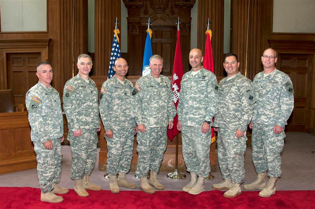 Major General Richard L. Stevens meets with leaders from the Northwestern Division during a change of command in Portland, Ore. July 16, 2015. (left to right: LTC Vail, Walla Walla District; COL Sexton, Kansas City District; COL Aguilar, Portland District; MG Stevens; BG Spellmon, Northwestern Division; COL Buck, Seattle District; COL Cross, Omaha District) 