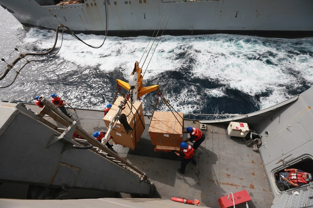 The USNS Carl Brashear (T-AKE-7) delivers supplies and goods to the amphibious transport dock ship USS Anchorage (LPD 23) during a replenishment at sea. The Marines of the 15th Marine Expeditionary Unit are embarked aboard the Anchorage, which is part of the Essex Amphibious Ready Group, and are deployed in support of maritime security operations and theater security cooperation efforts in the U.S. 5th Fleet area of operations. (U.S. Marine Corps photo by Sgt. Steve H. Lopez/ Released)