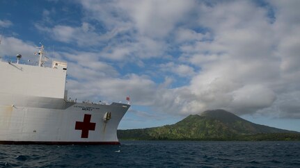 Photo file of the hospital ship USNS Mercy (T-AH 19) during Pacific Partnership 2015.  Pacific Partnership missions to date have provided real world medical care to approximately 270,000 patients and veterinary services to more than 38,000 animals. Critical infrastructure development has been supported in host nations during more than 180 engineering projects. 