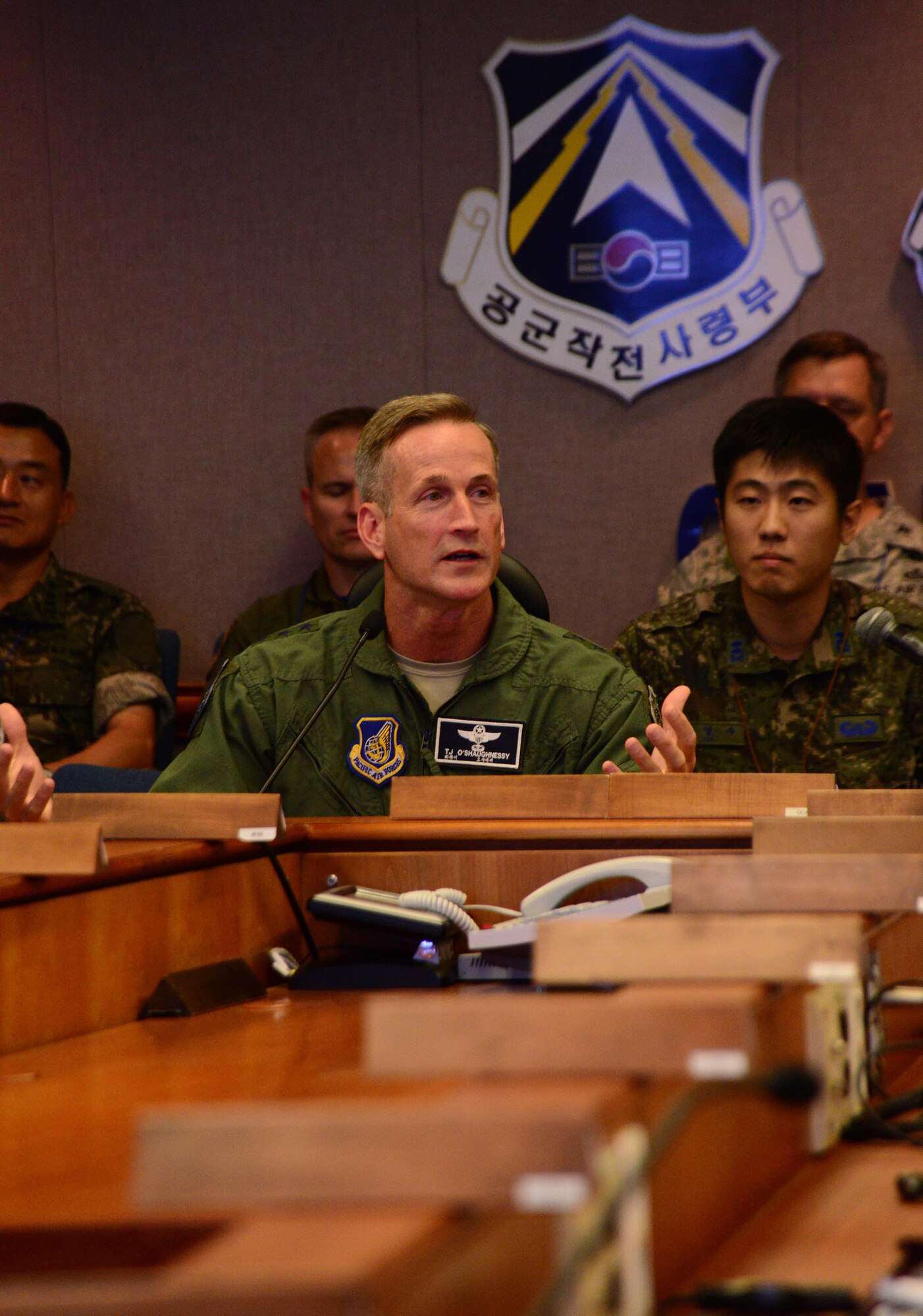 U.S. Air Force Lt. Gen. Terrence O’Shaughnessy, commander of the Republic of Korea/U.S. Combined Forces Command's Air Component Command, speaks to senior leaders from the U.S. and ROK air forces during the Air Boss Conference on Osan Air Base, ROK, July 17, 2015. The annual conference, hosted by the commander of the Air Component Command, is a bi-lateral forum between U.S. and ROK forces under the combined forces aegis on the peninsula. The conference plays a vital role in bringing together commanders from both on and off the peninsula -- commanders who each support a potential crisis or conflict in the ROK with forces. O’Shaughnessy also serves as the United Nations Command Korea deputy commander, U.S. Forces Korea deputy commander and 7th Air Force commander. (U.S. Air Force photo by Senior Airman Kristin High/Released)