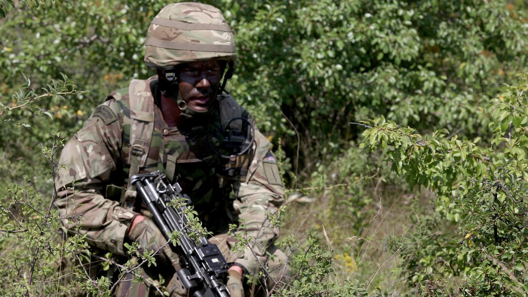 A United Kingdom Royal Marine commando moves across the platoon live-fire range during the final exercise of Platinum Lion 15-3. The two-week training exercise is designed to strengthen the partnership between NATO nations and share knowledge to improve military skill sets. The culminating final event consisted of cordon and search operations, intelligence gathering and live-fire maneuver training. The U.K. Marine is with 40 Commando, 3 Commando Brigade.