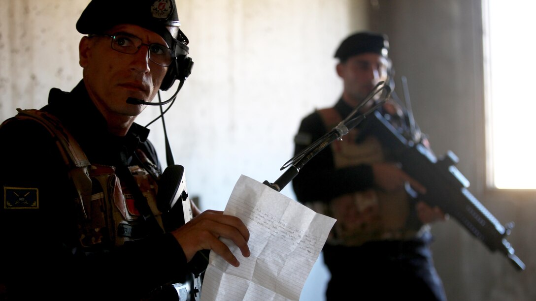Albanian Army solders practice intelligence gathering on a cordon and search operation during the final exercise of Platinum Lion 15-3. The two-week training exercise is designed to strengthen the partnership between NATO nations and share knowledge to improve military skill sets. The culminating final event consisted of cordon and search operations, intelligence gathering and live-fire maneuver training.