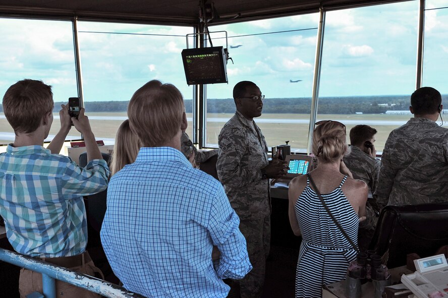 Descendants of U.S. Navy Lt. Seymour  Johnson tour the air traffic control tower, July 15, 2015, at Seymour Johnson Air Force Base, North Carolina. The tower provides clearance for pilots taking off and landing on the flightline. (U.S. Air Force photo/ Senior Airman Daniel Blackwell)