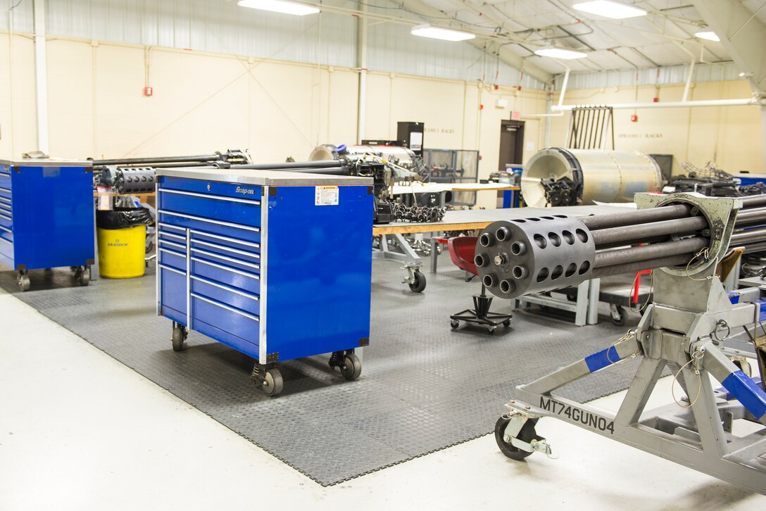 A 30mm GAU-8/A gatling gun rests in the 23d Equipment Maintenance Squadron armament flight shop July 17, 2015, at Moody Air Force Base, Ga. The armament flight is responsible for maintaining all of the A10C Thunderbolt II aircraft weapons systems components. (U.S. Air Force photo by Airman 1st Class Ceaira Tinsley/Released)