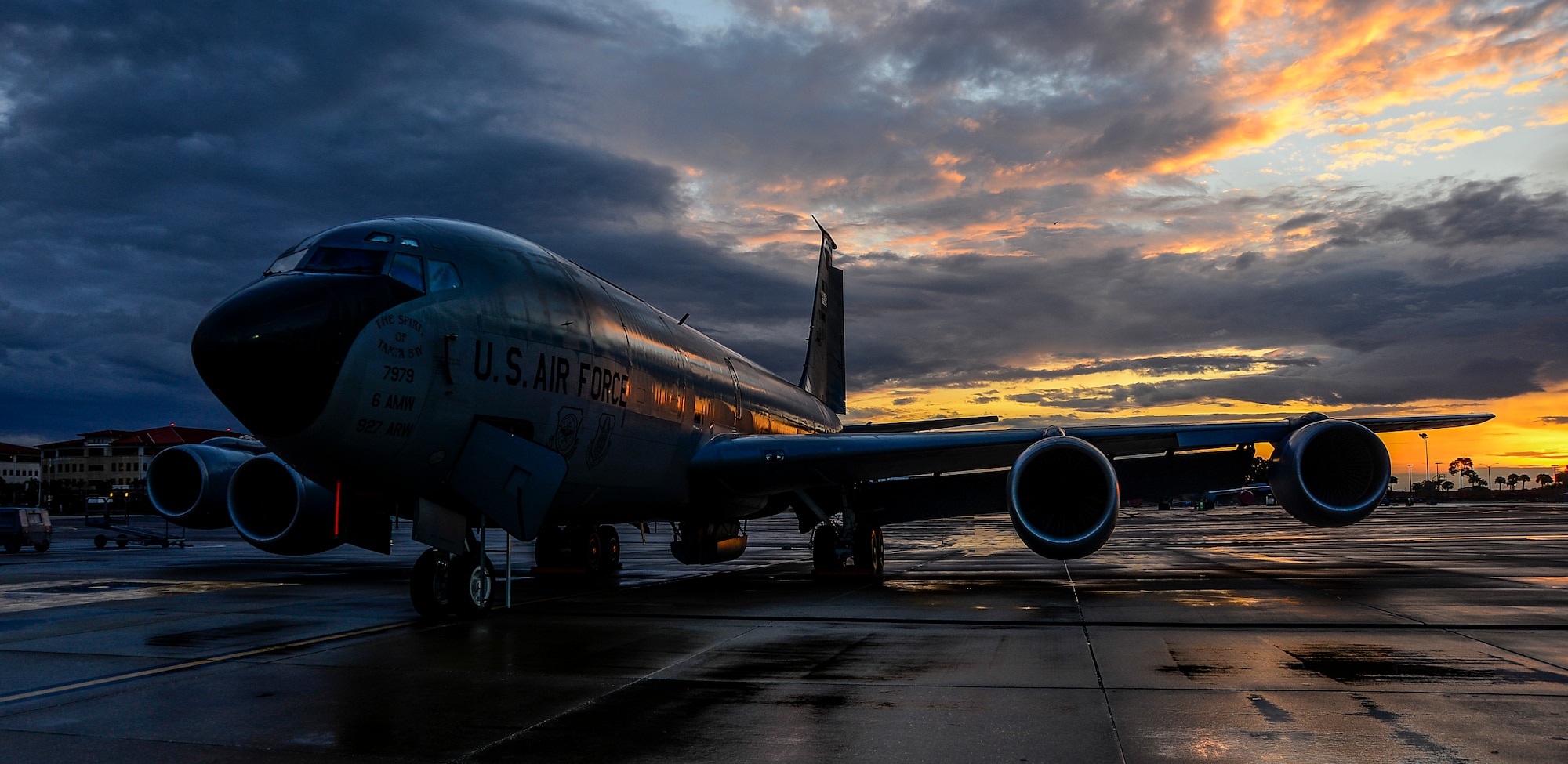 A KC-135 Stratotanker sits on the flightline during sunrise July 17, 2015 at MacDill Air Force Base, Fla. MacDill is home to 16 KC-135s that are responsible for providing aerial refueling capabilities to the Air Force, Navy and Marine Corps. (U.S. Air Force photo by Senior Airman Melanie Hutto/Released)