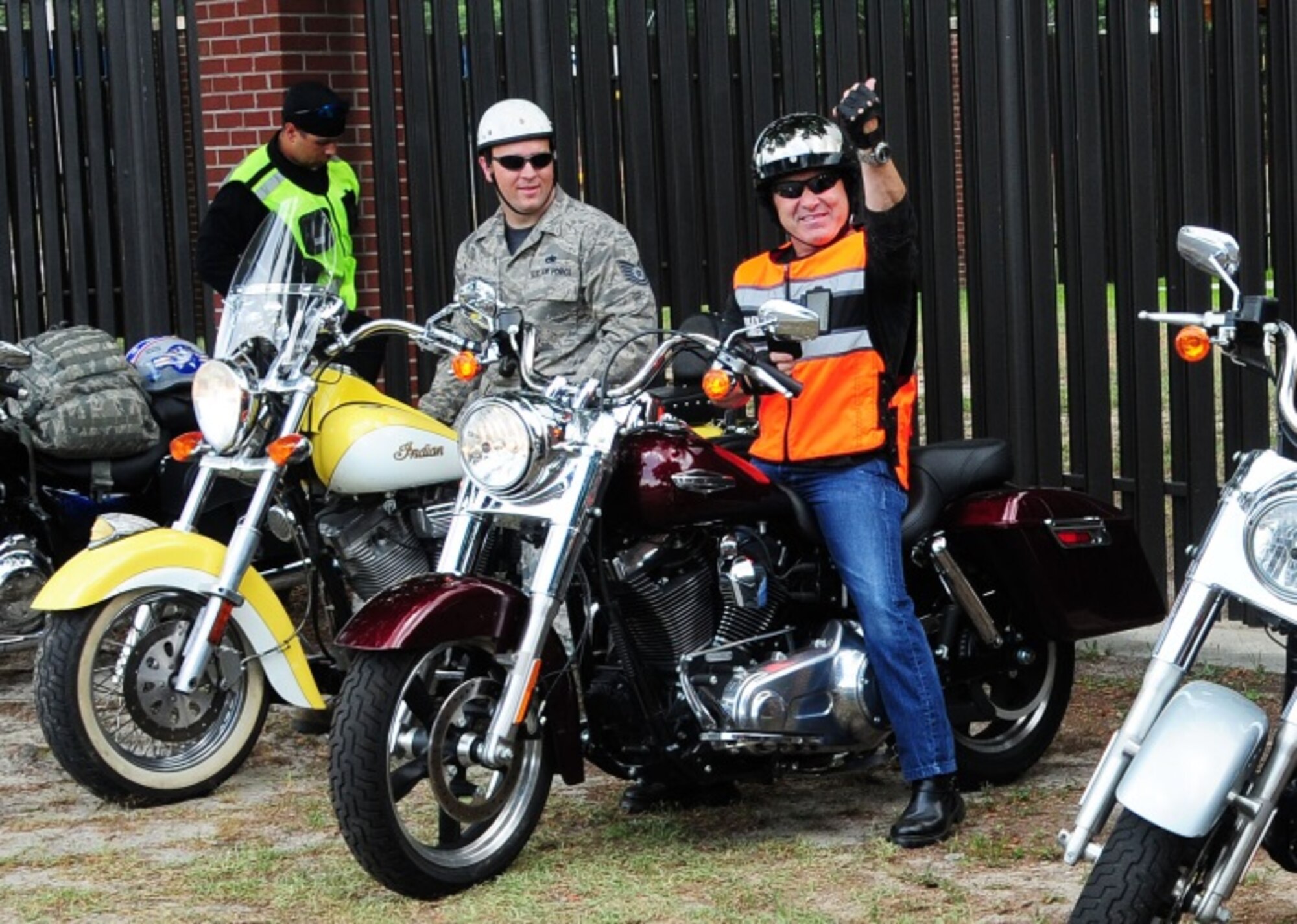 Col. Kurt Gallegos, 944th Fighter Wing commander, prepares to go on a mentor motorcycle ride July 11 during his visit with the 414th Fighter Group at Seymour Johnson Air Force Base, North Carolina. (U.S. Air Force photo taken by Tech. Sgt. Louis Vega Jr.)