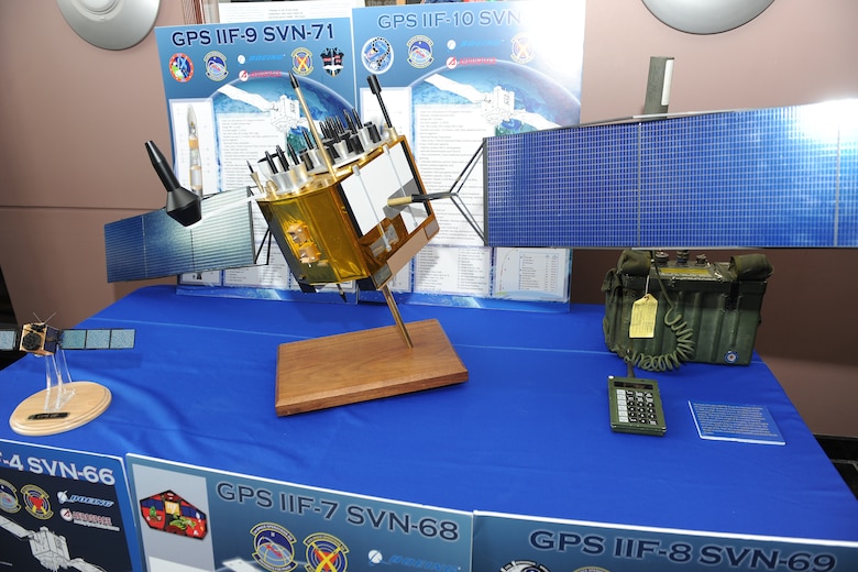 A model of a GPS satellite sits on display Wednesday, July 15, 2015 in the headquarters of Schriever Air Force Base, Colorado, prior to a ceremony in which the Colorado Springs City Council presented a proclamation declaring July 17, 2015 as GPS Day. The day marks the 20th anniversary of the declaration from the Air Force stating the GPS constellation had achieved full operational capability. (U.S. Air Force photo/Dennis Rogers)