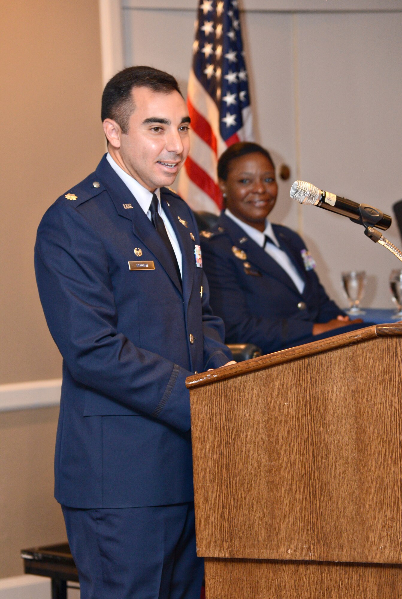 Maj. Stephen Brogan assumed command of the 72nd Comptroller Squadron during a July 10 change of command ceremony at the Tinker Club. Col. Stephanie Wilson, 72nd Air Base Wing commander, was the presiding officer. (Air Force photo by Kelly White/Released)