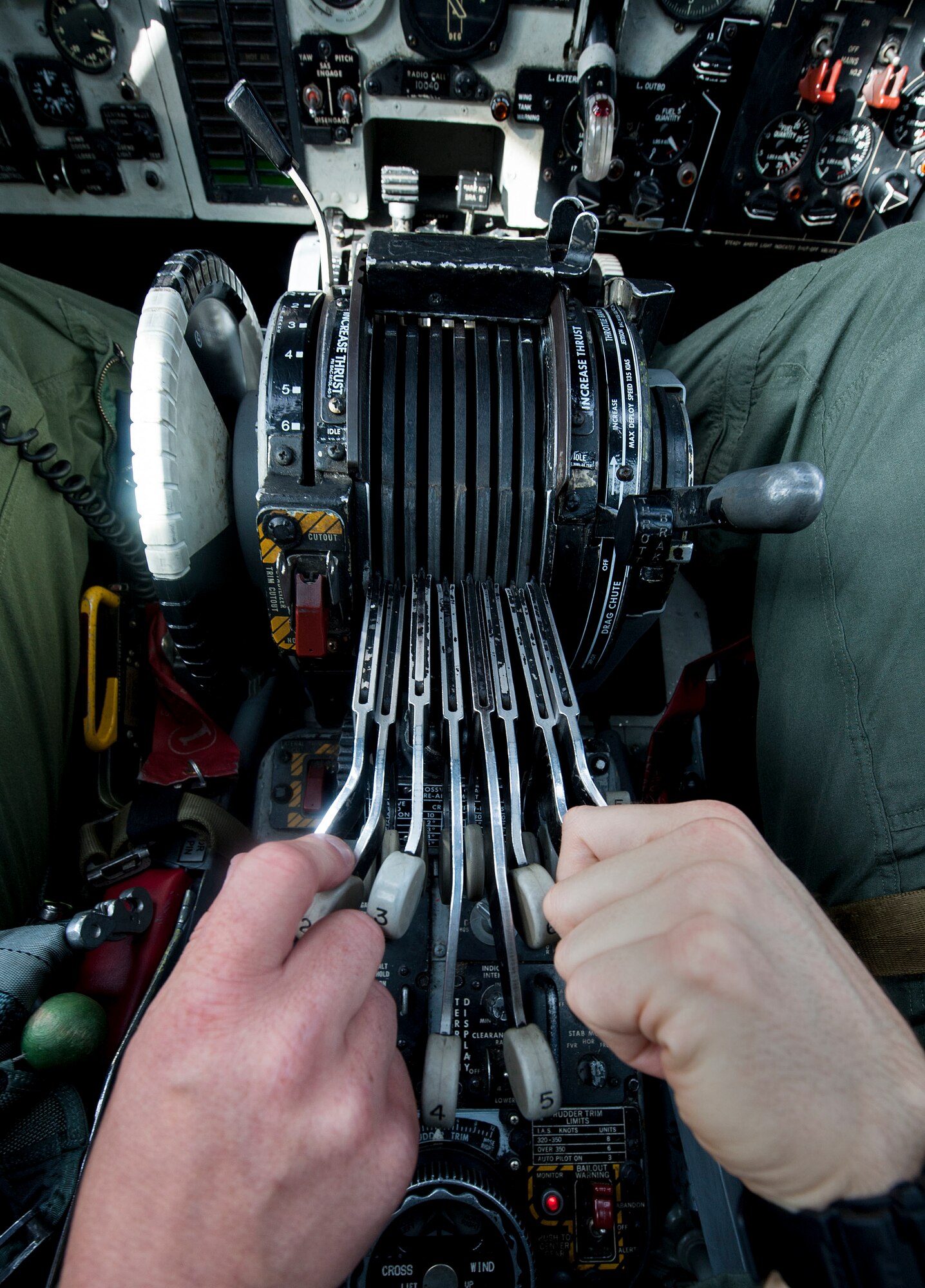 Pilots from the 23rd Bomb Squadron adjust instruments in their B-52H Stratofortress at Minot Air Force Base, N.D., July 16, 2015. The crew took part in the 23rd BS’s portion of the Global Strike Challenge competition and consisted of one pilot and co-pilot, two radar and navigation specialists and an electronic warfare officer. (U.S. Air Force photo/Senior Airman Stephanie Morris)