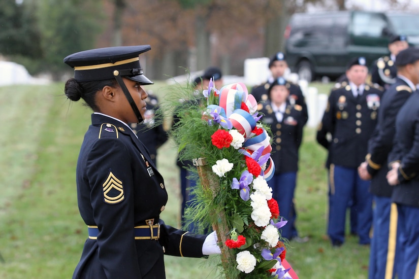 Sgt. 1st Class Shanika Johnson, Human Resources Command Honor Guard, Fort Knox, Ky., was the wreath bearer during the the Zachary Taylor National Cemetery wreath laying ceremony Monday, Nov. 24, 2014, in Louisville, Ky. (Photo by Clinton Wood, 84th TC Public Affairs)