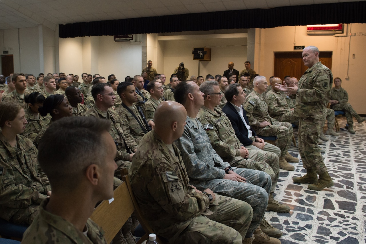 U.S. Army Gen. Martin E. Dempsey, chairman of the Joint Chiefs of Staff, talks with service members deployed to Iraq during a town hall in Baghdad, July 18, 2015. DoD photo by U.S. Navy Petty Officer 1st Class Daniel Hinton