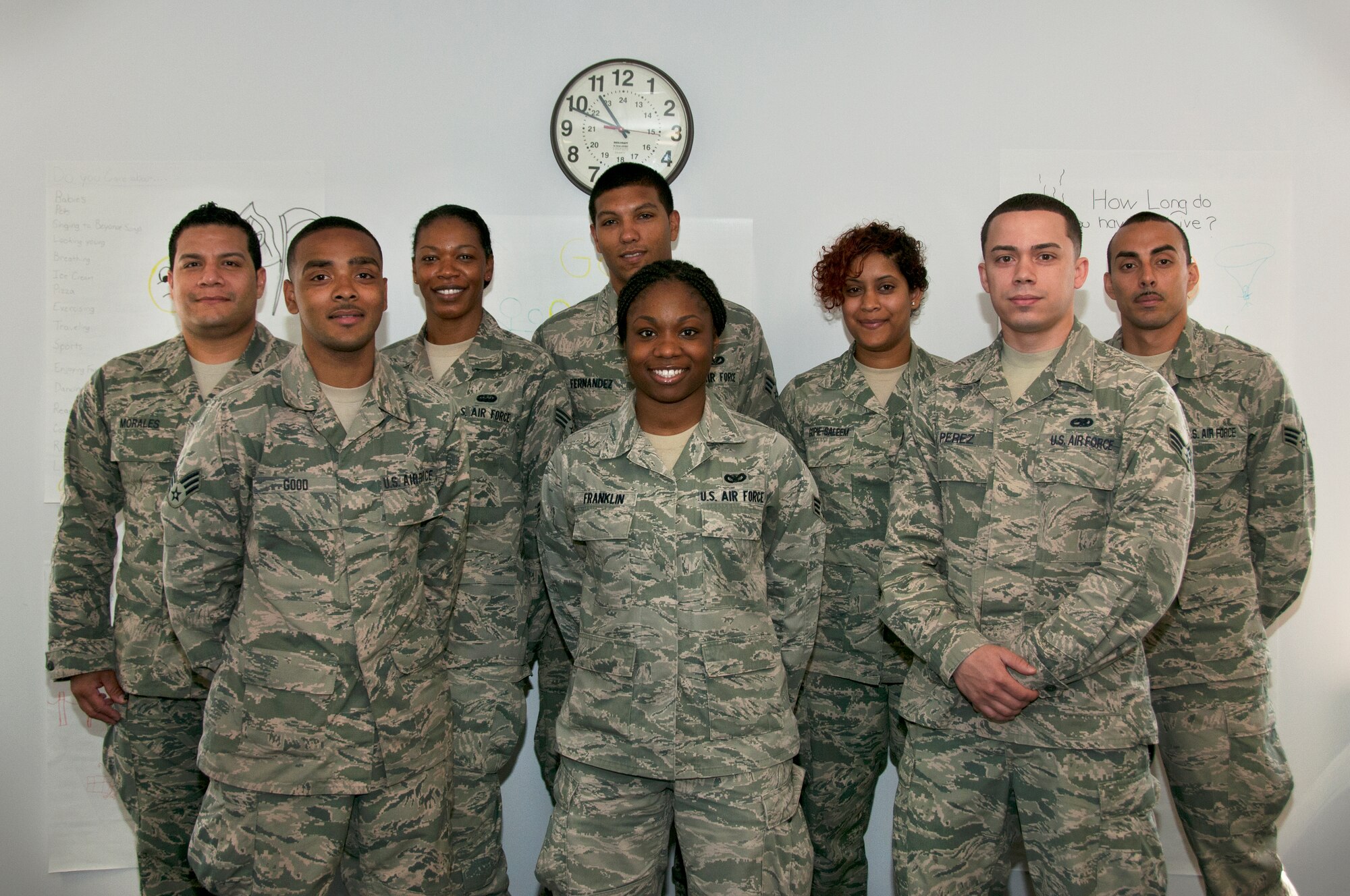 Airmen from the 108th Wing, New Jersey Air National Guard, take a break from class to pose for a photograph at Joint Base McGuire-Dix-Lakehurst, N.J., June 14, 2015. The eight Airmen attended the 108th Wing's first satellite Airmen Leadership School. (U.S. Air National Guard photo by Airman 1st Class Julia Pyun/Released)