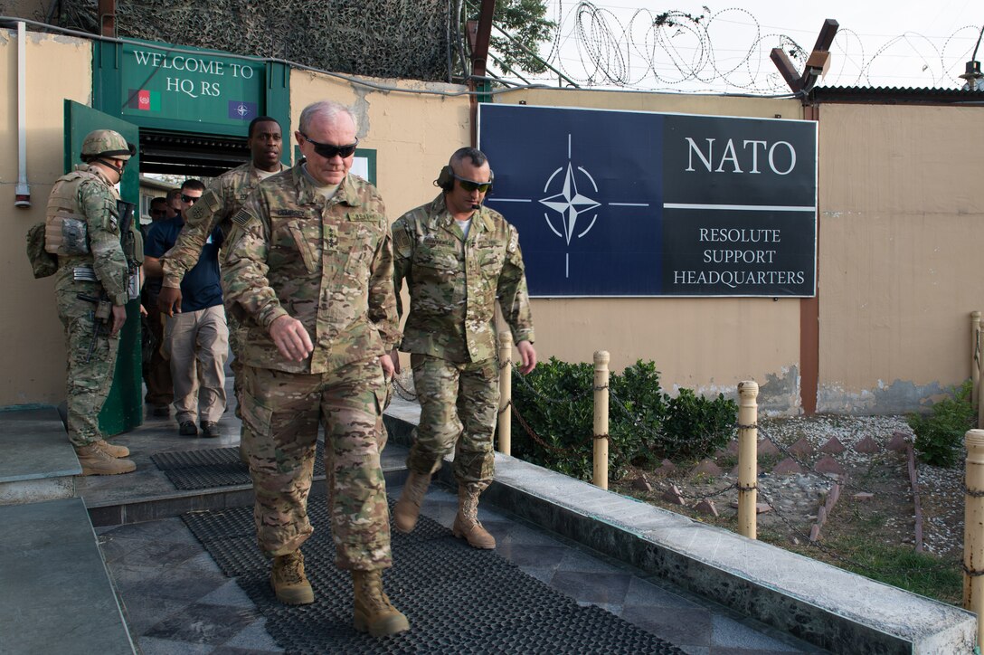 U.S. Army Gen. Martin E. Dempsey, chairman of the Joint Chiefs of Staff, leaves the headquarters for the NATO-led Resolute Support mission after receiving an update from command leaders in Kabul, Afghanistan, July 19, 2015. 

