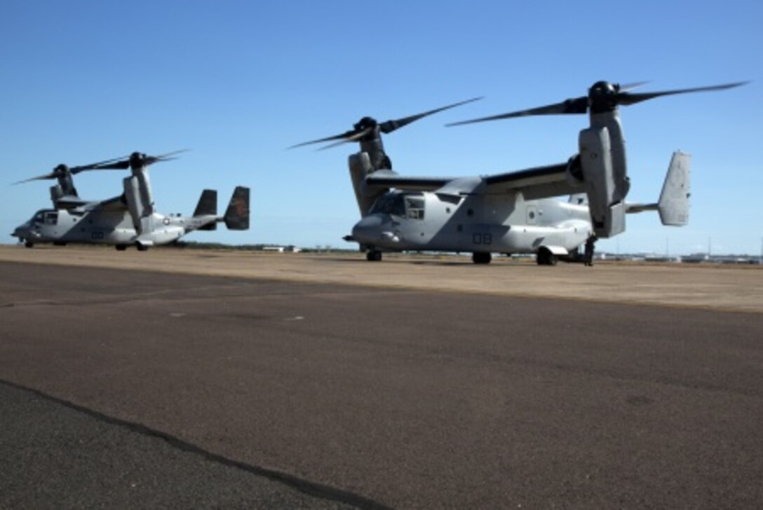 Two U.S. Marine Corps MV-22B Ospreys sit on the runway at Royal Australian Air Force Base Darwin during exercise Talisman Sabre 15, July 6. Talisman Sabre provides an invaluable opportunity to conduct operation in a combined, joint, and interagency environment that will increase the U.S and Australia’s ability to plan and execute contingency responses, from combat missions to humanitarian efforts. 