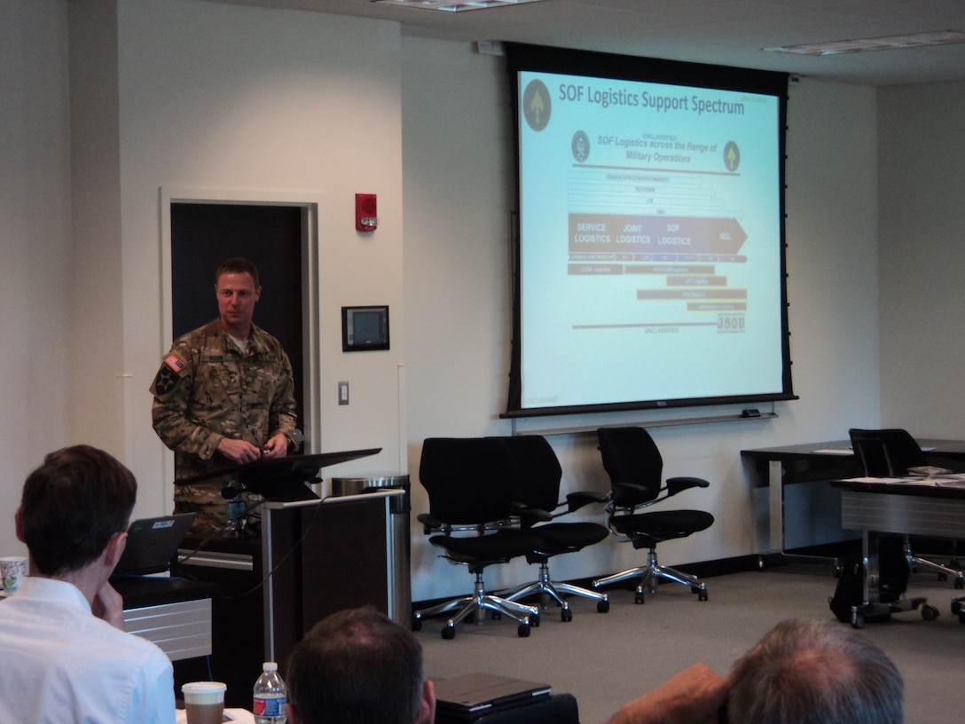 U.S. Army Colonel Steven L. Allen, U.S. Special Operations Command Director for Logistics, explains unique aspects of special operations logistics during the 2015 Joint Logistics Faculty Development Workshop hosted recently by the Center for Joint & Strategic Logistics at Fort McNair, Washington DC.