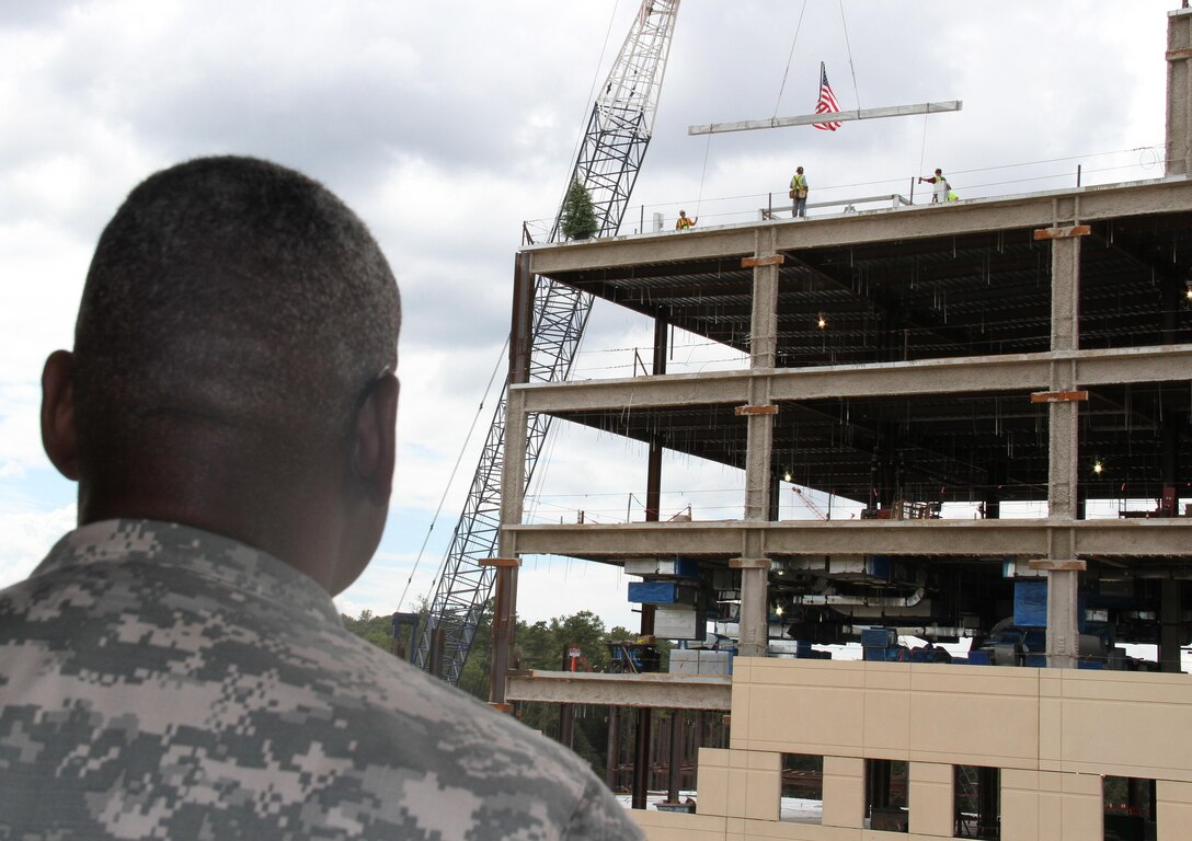 Officials from Fort Benning, Army Medical Command, the U.S. Army Corps of Engineers, Savannah district, and Turner Construction celebrated the placement of the last steel beam on the Martin Army Community Hospital project with a “topping out” ceremony, Sept. 14, 2012.