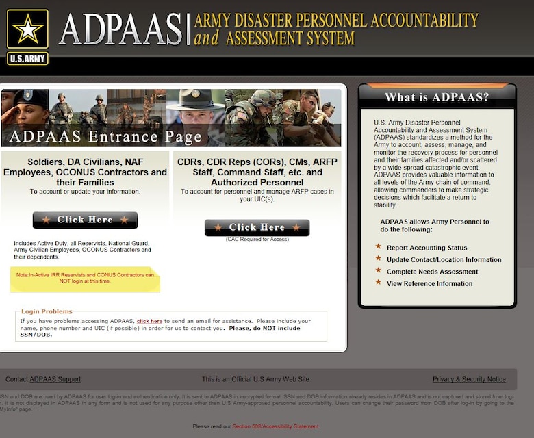 A screen shot from the ADPAAS website. ADPAAS is a secure, web-based system developed by Headquarters, Department of the Army, G-1, which provides personnel location information and accounting report status, allowing commanders to make strategic decisions that facilitate a return to stability.