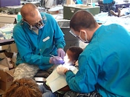 Lt. Col. Craig Colas, right, a dentist from U.S. Army Dental Activity, and Seaman Bryan Igneczi, a hospitalman from EMF Bethesda, provide dental treatment at Greater Chenango Cares on July 17, 2015. Greater Chenango Cares is one of the Innovative Readiness Training missions which provides real-world training in a joint civil-military environment while delivering world class medical care to the people of Chenango County, N.Y., from July 13-23. (U.S. Army photo by Sgt. Jennifer Shick/released)