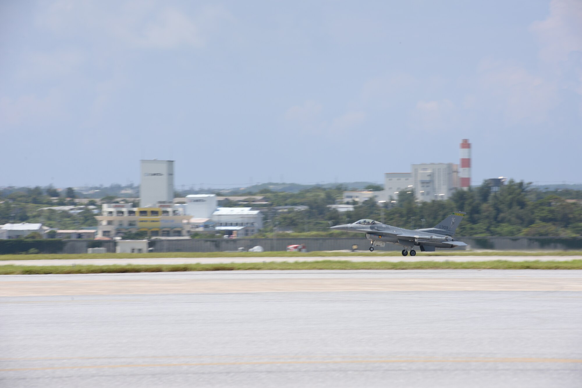A U.S. Air Force F-16 Fighting Falcon from the 158th Fighter Wing takes off from Kadena Air Base, Japan, July 16, 2015. The 158th FW of the Vermont Air National Guard is currently deployed to Kadena as part of a routine theater security package to solidify the relationship between the U.S., international partners and allies. (U.S. Air Force photo by Senior Airman Omari Bernard)