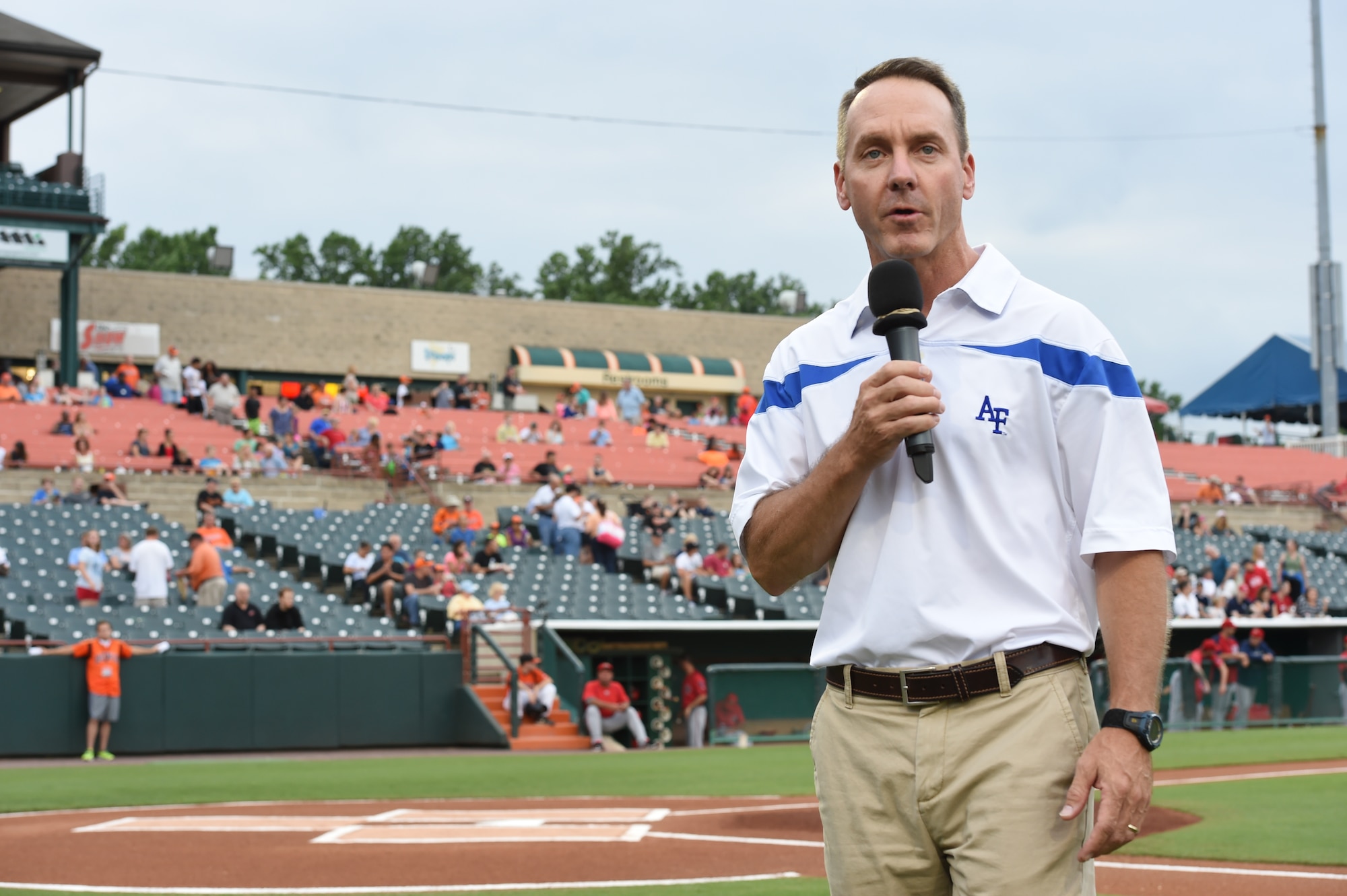 Col. Bradley Hoagland, Joint Base Andrews/11th Wing commander gives a pre-game speech to the crowd at the Bowie Baysox baseball game at Bowie, Md., Friday, July 17, 2015. Military members were invited to participate in pre-game events in honor of military appreciation night. (U.S. Air Force Photo/Senior Airman Joshua R. M. Dewberry)