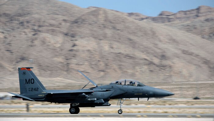 An F-15E Strike Eagle assigned to the 391st Fighter Squadron, Mountain Home Air Force Base, Idaho, lands on the runway after returning from a Red Flag 15-3 sortie at Nellis AFB, Nev., July 17, 2015. An array of avionics and electronics systems gives the F-15E the capability to fight at low altitude, day or night, and in all weather. (U.S. Air Force photo by Airman 1st Class Rachel Loftis)