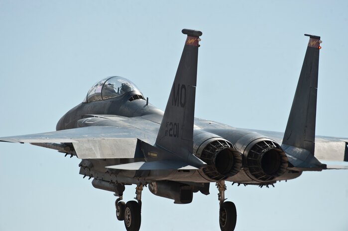 An F-15E Strike Eagle assigned to the 389th Fighter Squadron, Mountain Home Air Force Base, Idaho, flies during a Red Flag 15-3 sortie at Nellis AFB, Nev., July 17, 2015. The F-15E Strike Eagle is a dual-role fighter designed to perform air-to-air and air-to-ground missions. (U.S. Air Force photo by Staff Sgt. Siuta B. Ika)