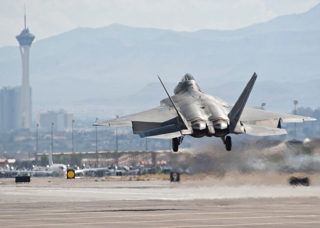 An F-22 Raptor assigned to the 95th Fighter Squadron, Tyndall Air Force Base, Fla., prepares to land on the runway after returning from a Red Flag 15-3 sortie at Nellis AFB, Nev., July 17, 2015. The F-22, a critical component of the Global Strike Task Force, is designed to project air dominance, rapidly and at great distances, and defeat threats attempting to deny access to our nation's Air Force, Army, Navy and Marine Corps. (U.S. Air Force photo by Staff Sgt. Siuta B. Ika)