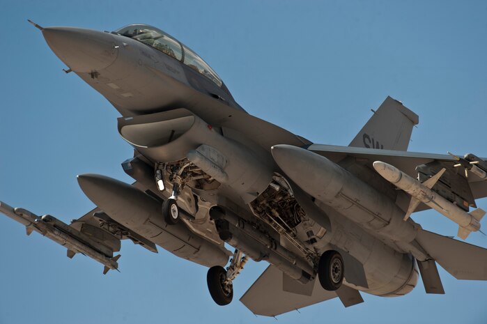 An F-16 Fighting Falcon assigned to the 55th Fighter Squadron, Shaw Air Force Base, S.C., flies during a Red Flag 15-3 sortie at Nellis AFB, Nev., July 17, 2015. Red Flag provides a series of intense air-to-air scenarios for aircrew and ground personnel to increase their combat readiness and effectiveness for future real-world operations. (U.S. Air Force photo by Staff Sgt. Siuta B. Ika)