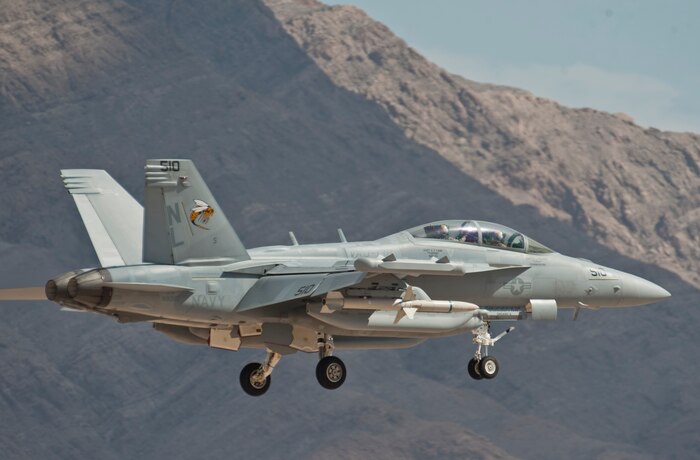 An EA-18G Growler assigned to Electronic Attack Squadron 138, Naval Air Station Whidbey Island, Wash., flies during a Red Flag 15-3 sortie at Nellis Air Force Base, Nev., July 17, 2015. All four branches of the U.S. military and air forces from allied nations participate in Red Flag exercises held three to four times each year. (U.S. Air Force photo by Staff Sgt. Siuta B. Ika)