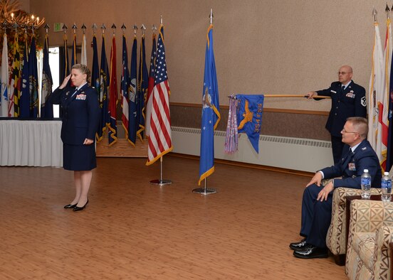 Maj. Erin Hancock, the incoming 354th Force Support Squadron commander, receives her first salute from her squadron July 17, 2015, at Eielson Air Force Base, Alaska. Hancock was previously a congressional liaison officer, House of Representatives Liaison Office, Office of Legislative Liaison, Secretary of the Air Force, Pentagon, Washington D.C. (U.S. Air Force photo by Staff Sgt. Shawn Nickel/Released)