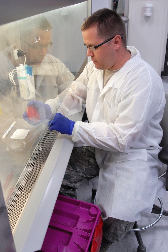 Tech. Sgt. Shawn Schmerund of the 178th Medical Group, tests a throat culture for strep throat at Landstuhl Regional Medical Center July 17, 2015. Schmermund worked in microbiology as part of the 178th Wing's mission for support and training at the medical center. (Ohio Air National Guard photo by Master Sgt. Seth Skidmore/Released)