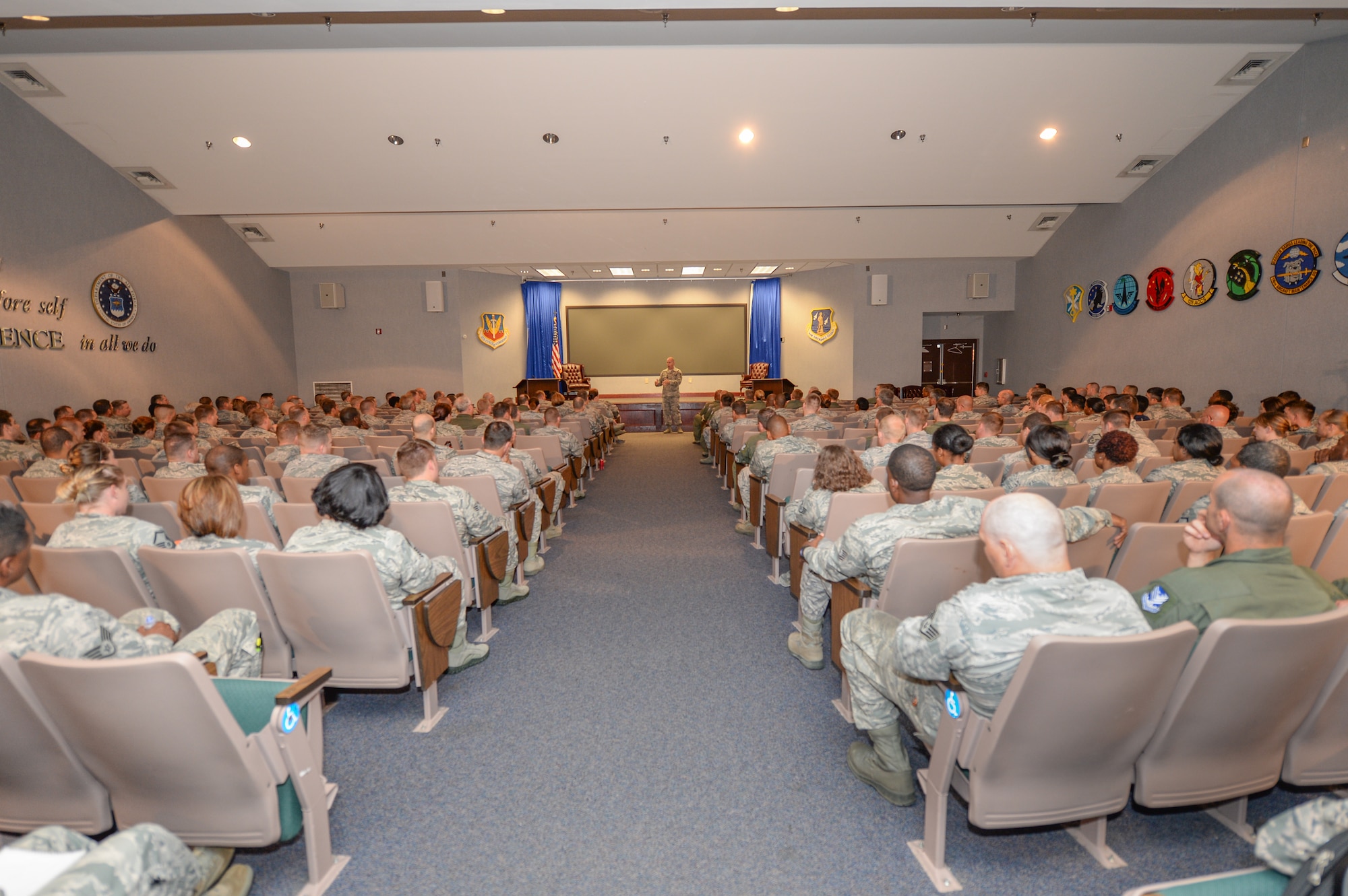 U.S. Air Force Chief Master Sgt. James W. Hotaling, Air National Guard command chief, speaks to Airmen from the 116th Air Control Wing and 202nd Engineering Installation Squadron, Georgia Air National Guard, during an enlisted all call at Robins Air Force Base, Ga., July 16, 2015. During his visit, Hotaling conducted two town hall style meetings and met with key enlisted leadership councils and Airmen resiliency representatives. His time with the Airmen focused on sharing his message of a renewed commitment to the profession of arms, health of the force, and recognition of our Airmen and accomplishments. The visit offered the opportunity for Airmen in the wing to meet their top leader, share their concerns and gain perspective from the national level. (U.S. Air National Guard photo by Tech. Sgt. Regina Young/Released)