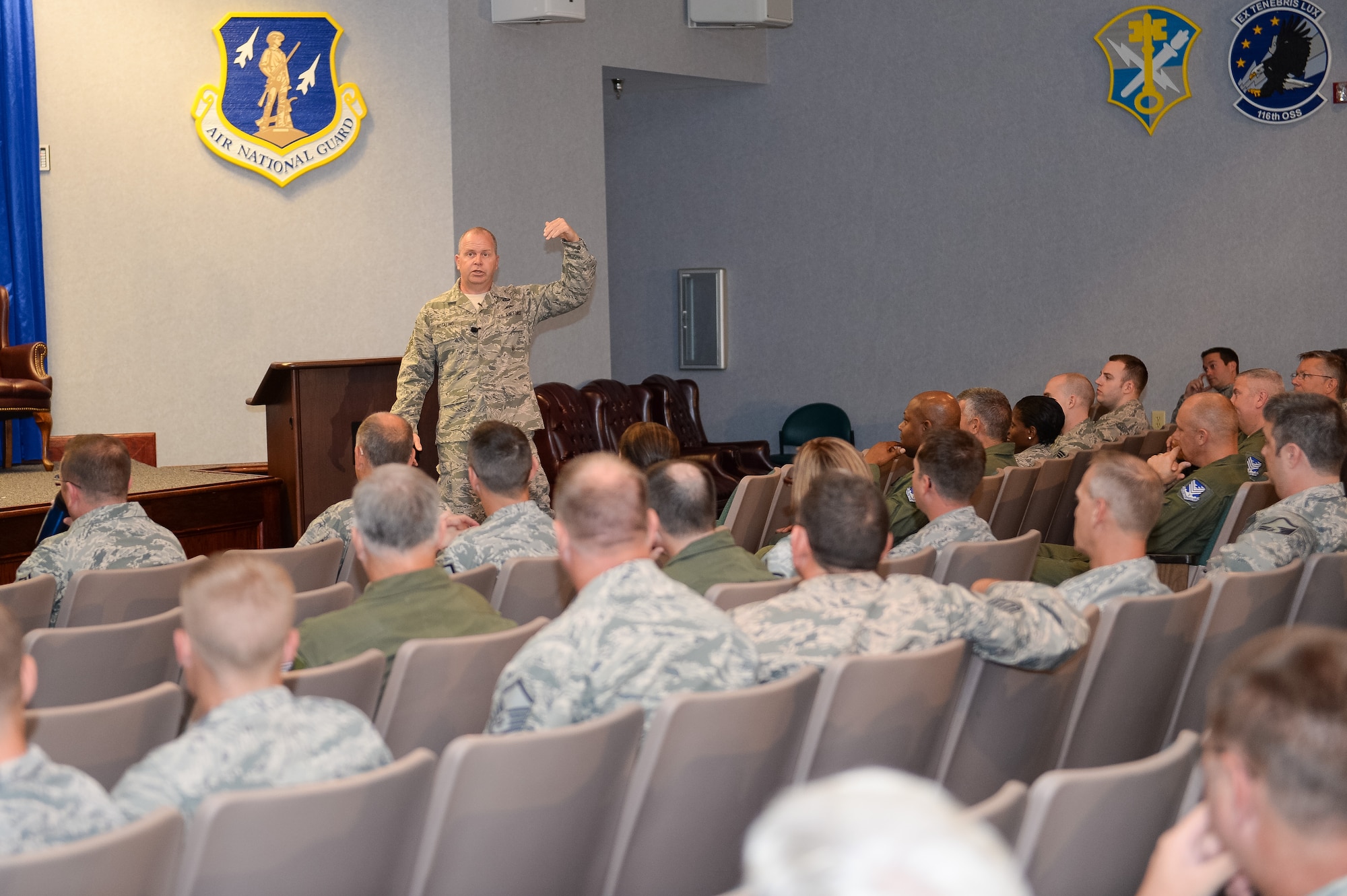 U.S. Air Force Chief Master Sgt. James W. Hotaling, Air National Guard command chief, speaks to Airmen from the 116th Air Control Wing and 202nd Engineering Installation Squadron, Georgia Air National Guard, during an enlisted all call at Robins Air Force Base, Ga., July 16, 2015. During his visit, Hotaling conducted two town hall style meetings and met with key enlisted leadership councils and Airmen resiliency representatives. His time with the Airmen focused on sharing his message of a renewed commitment to the profession of arms, health of the force, and recognition of our Airmen and accomplishments. The visit offered the opportunity for Airmen in the wing to meet their top leader, share their concerns and gain perspective from the national level. (U.S. Air National Guard photo by Tech. Sgt. Regina Young/Released)