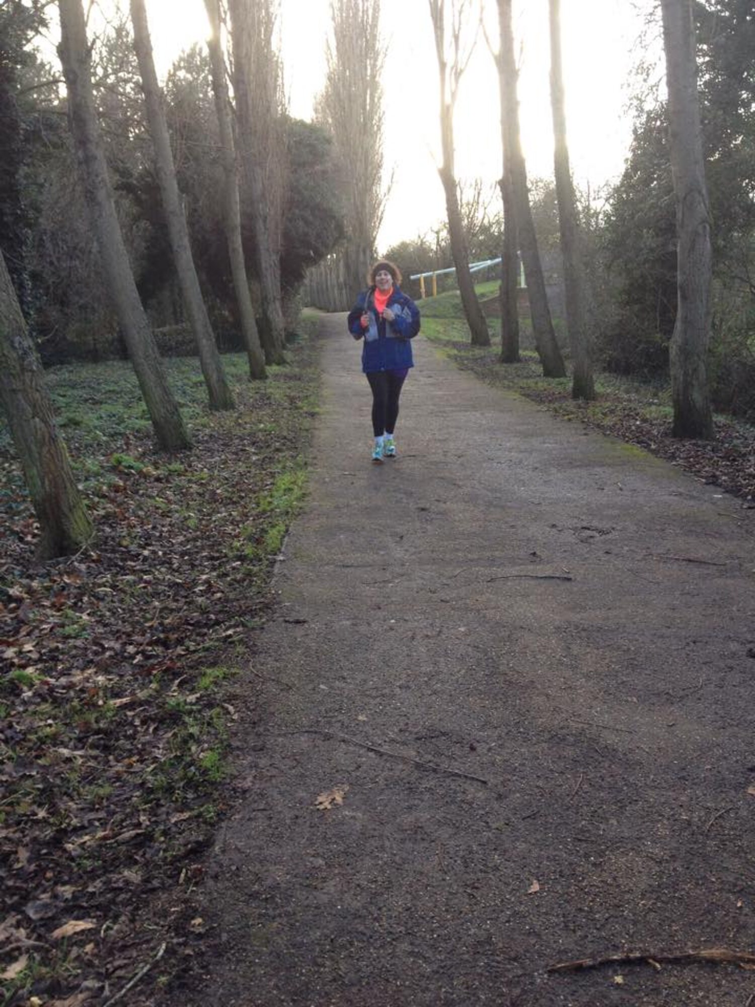 Tech. Sgt. Heather Thomas, a former 48th Medical Group Radiology Clinic technician, currently stationed at Minot Air Force, N.D., jogs to improve her running technique at the Milton Keynes half marathon, December 14, 2014.  Tech Sgt. Thomas was a member of the Health Promotion Run Well program that began at RAF Lakenheath, England in May 2014. (Courtesy Photo)