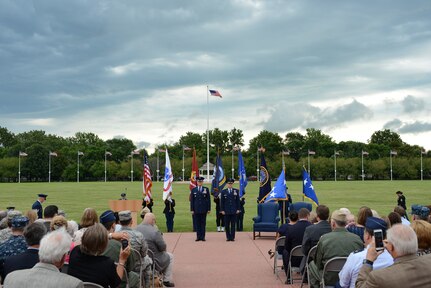 U.S. Air Force Lt. Gen. James M. Kowalski (center right), U.S. Strategic Command deputy commander, and U.S. Air Force Gen. (ret.) William M. Fraser III (center left) stand at attention while the colors are presented during a retirement ceremony in Kowalski's honor at the parade field, Offutt Air Force Base, Neb., July 20, 2015. During the ceremony, presided over by Fraser, Kowalski thanked his family, friends, and fellow service members for supporting him throughout his distinguished, more than 35-year military career. His effective date of retirement is Sept. 1, 2015. Kowalski arrived at USSTRATCOM in Oct., 2013, after serving as Air Force Global Strike Command commander, Barksdale Air Force Base, La. Once officially retired, he and his wife, Julanne, will reside in the greater Washington, D.C. area. USSTRATCOM is one of nine DoD unified combatant commands and is charged with strategic deterrence; space operations; cyberspace operations; joint electronic warfare; global strike; missile defense; intelligence, surveillance and reconnaissance; combating weapons of mass destruction; and analysis and targeting. (USSTRATCOM photo by U.S. Air Force Staff Sgt. Jonathan Lovelady) More photos at https://www.flickr.com/photos/usstratcom/sets/72157656069947426