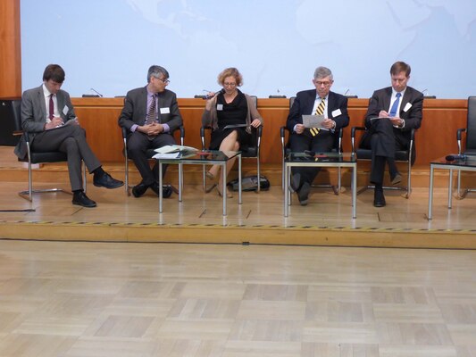 (l-r) Dr. Johannes Cullman, Director of Germany's International Center for Water Resources and Global Change (ICWRGC); Dr. Aaron Wolf, ICIWaRM's core partner Oregon State University; Susanne Schmeier, Deutsche Gesellschaft fur Internationale Zusammenarbeit (GIZ); Jon-Martin Trondalen, Compass Foundation; and Hinrich Tholken, Germany's Federal Foreign Office  