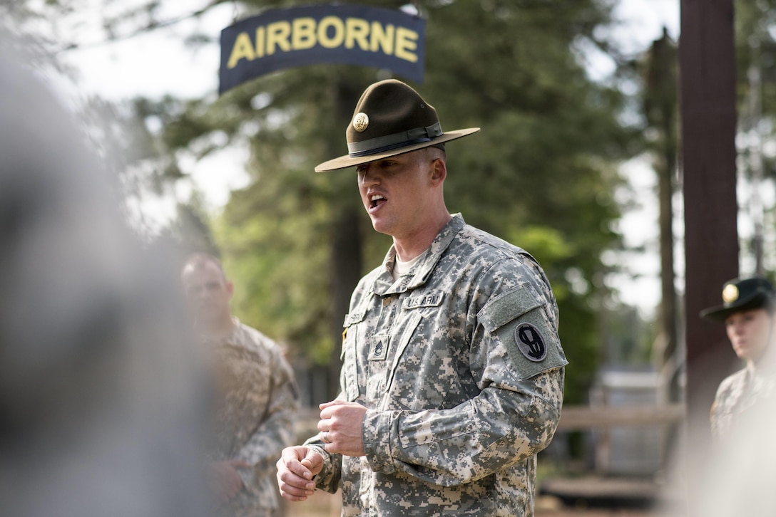 Sgt. 1st Class Adam Derrick, a drill sergeant from Westerville, Ohio, explains "Little Nasty Nick" the obstacle course at the 2015 U.S. Army Reserve Best Warrior Competition at Fort Bragg, N.C., May 6, 2015. This year’s Best Warrior competition will determine the top noncommissioned officer and junior enlisted Soldier who will represent the Army Reserve in the Department of the Army Best Warrior competition later this year at Fort Lee, Va. (U.S. Army photo by Sgt. 1st Class Mark Burrell, JPASE)
